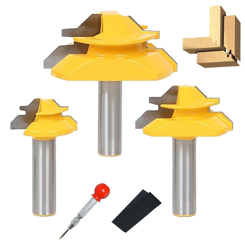 YHSITFNG 1/2 Inch Shank 45 Degree Lock Miter Router Bit, Easy to Create Lock Miter Joint, with Center Punch and Sander Paper for Woodworking (1/2 inch Shank, 1/2”, 3/4”, 1” Cutting Height) - Image 1